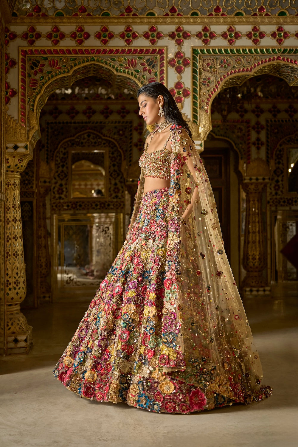 Seema Gujral - Multi-Coloured Three-Dimensional Floral Lehenga Set