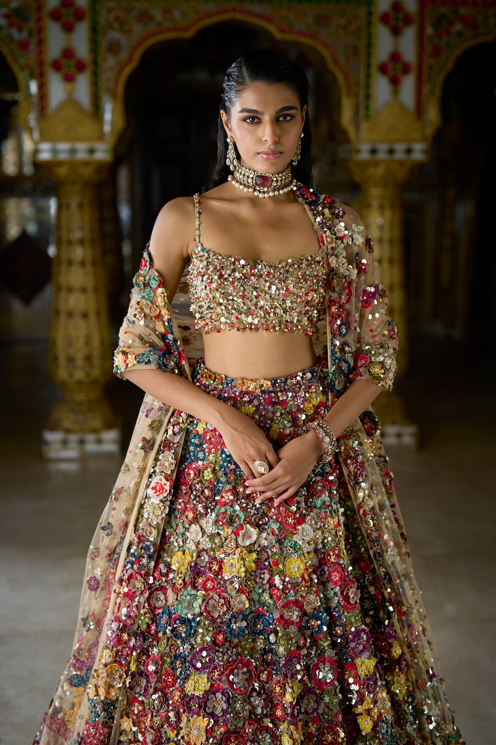 Seema Gujral - Multi-Coloured Three-Dimensional Floral Lehenga Set