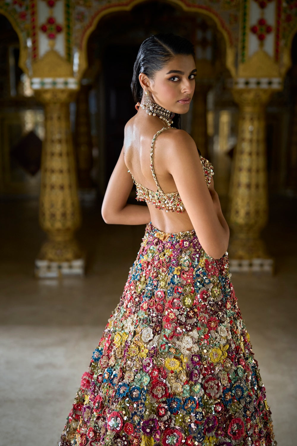 Seema Gujral - Multi-Coloured Three-Dimensional Floral Lehenga Set