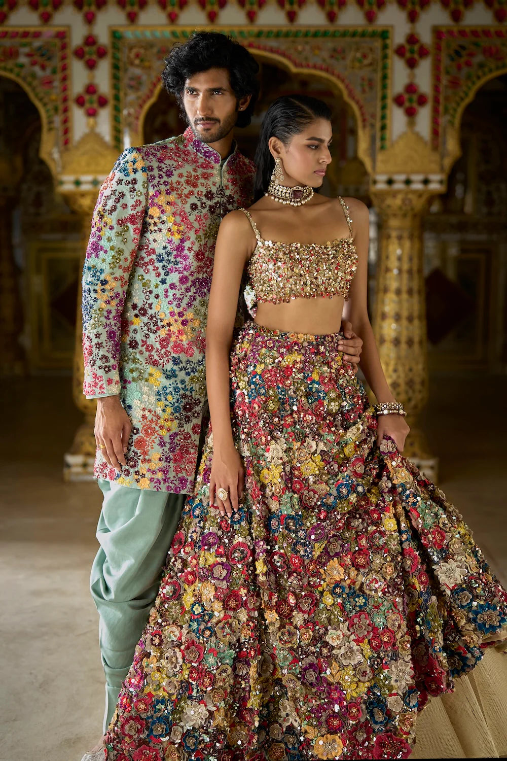 Seema Gujral - Sage Green Multi-Coloured Three-Dimensional Sherwani Set