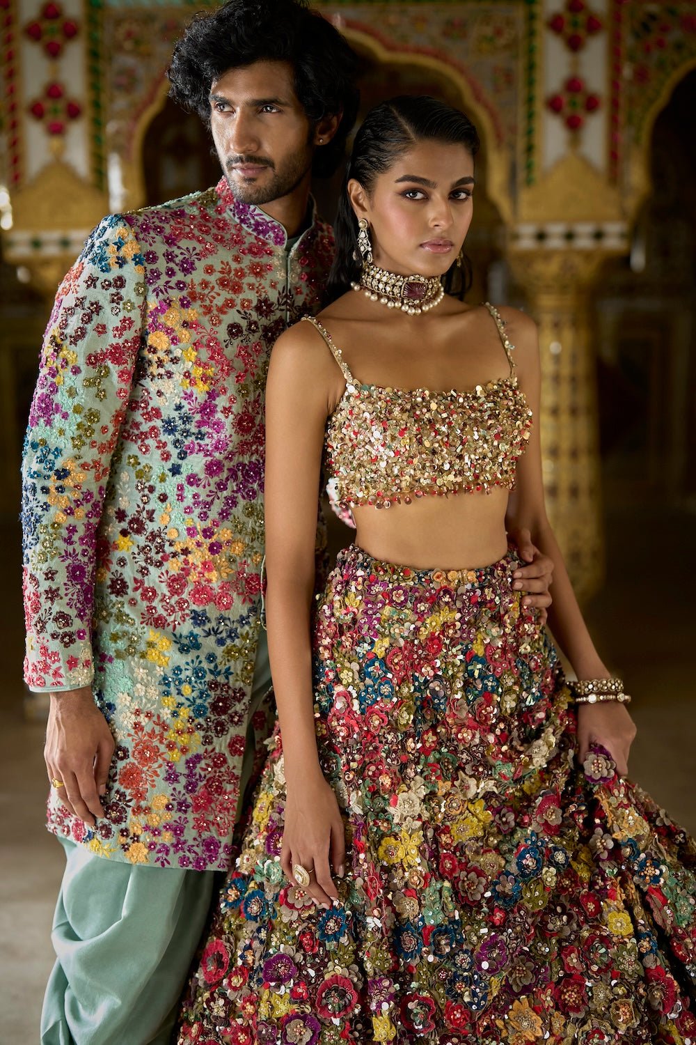 Seema Gujral - Multi-Coloured Three-Dimensional Floral Lehenga Set