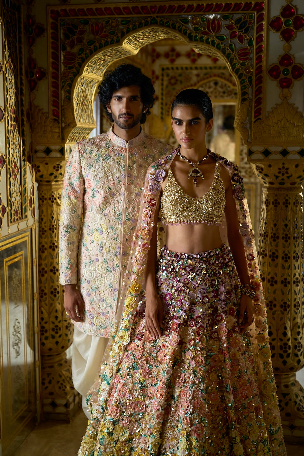 Seema Gujral - Ombre Multi-Coloured Three-Dimensional Floral Lehenga Set