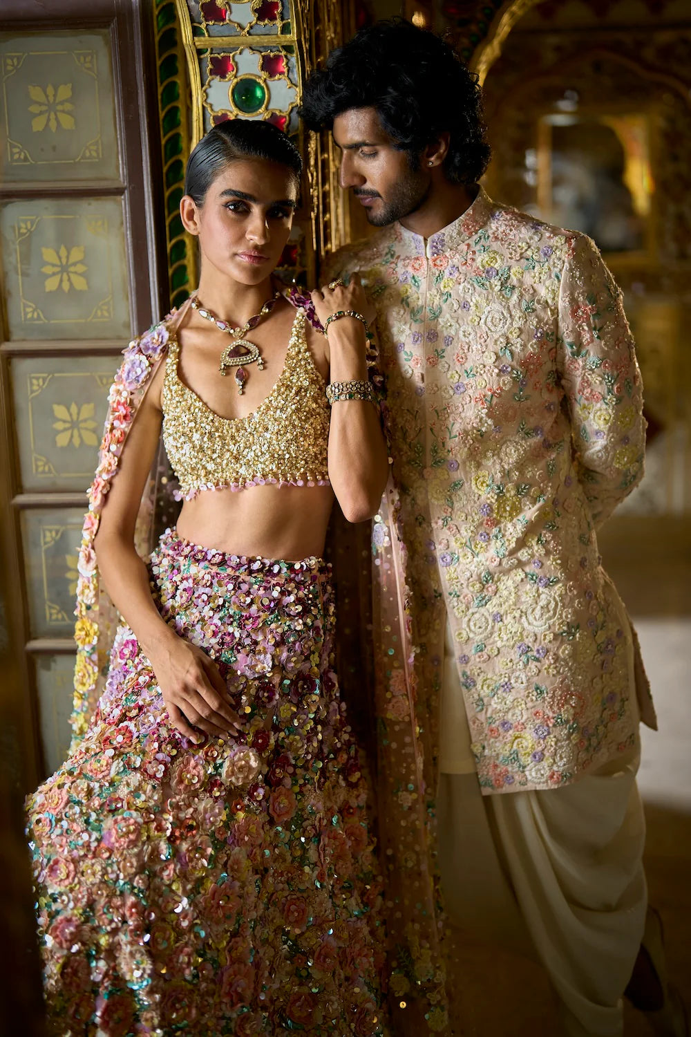 Seema Gujral - Cream Multi-Coloured Three-Dimensional Sherwani Set