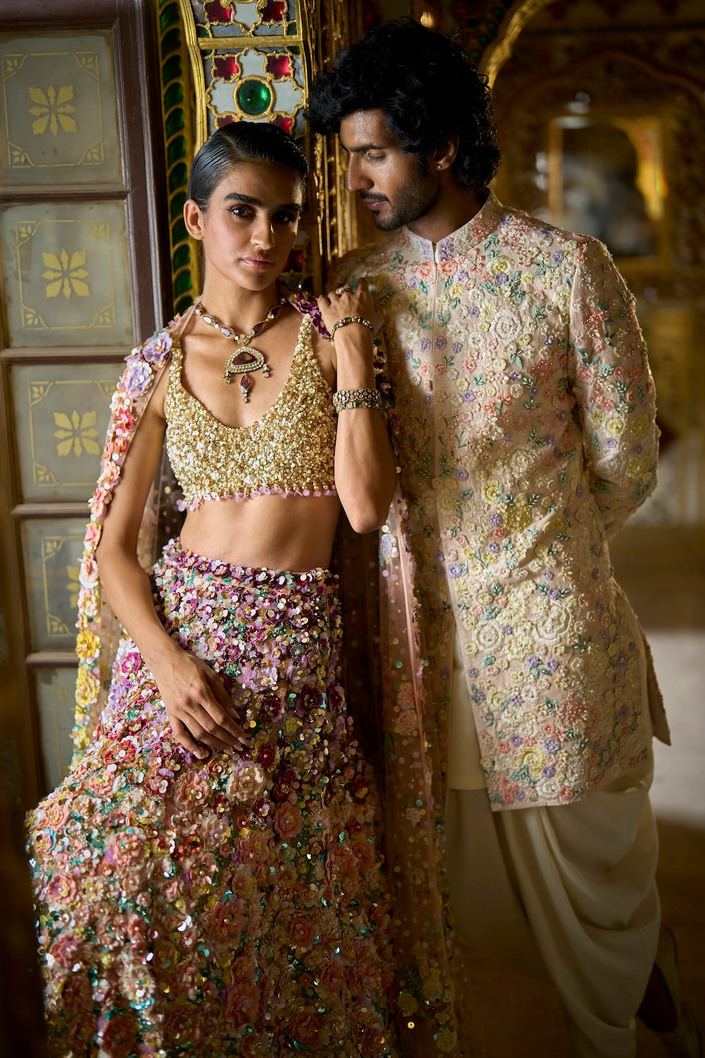 Seema Gujral - Ombre Multi-Coloured Three-Dimensional Floral Lehenga Set