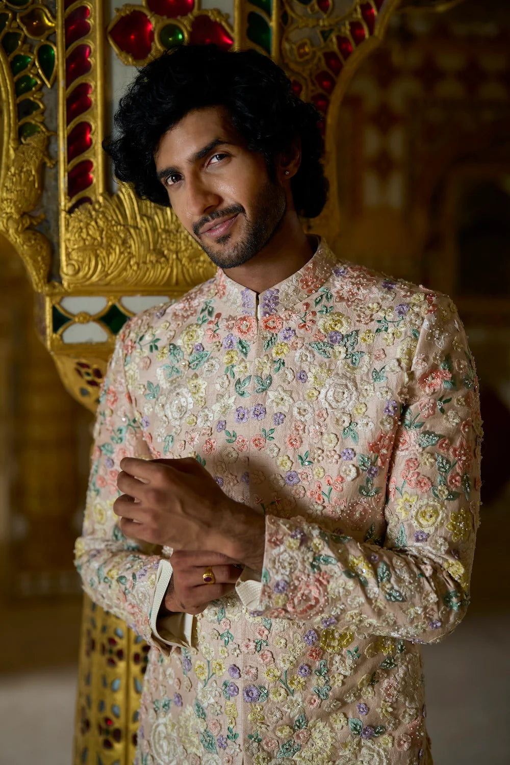 Seema Gujral - Cream Multi-Coloured Three-Dimensional Sherwani Set