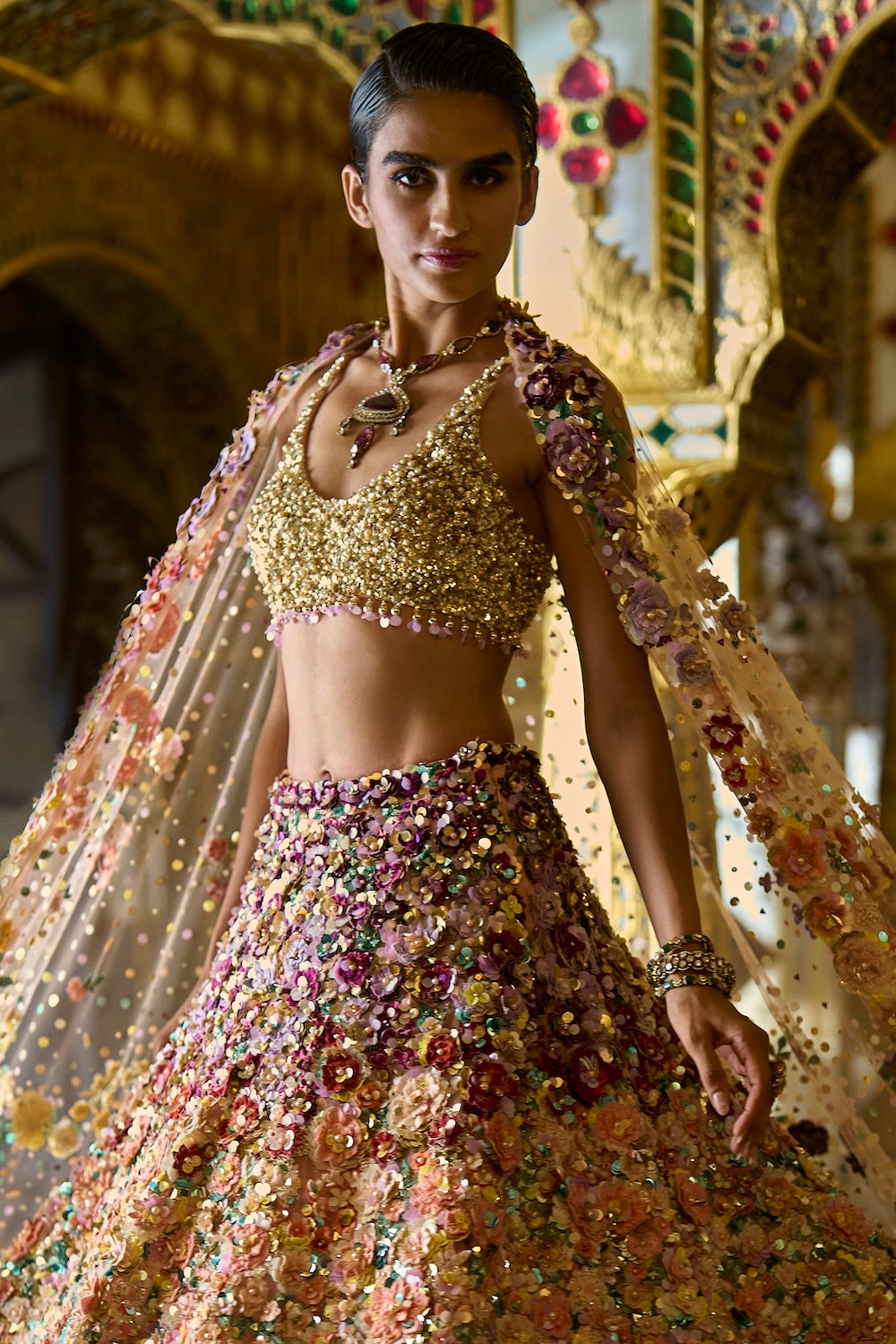 Seema Gujral - Ombre Multi-Coloured Three-Dimensional Floral Lehenga Set
