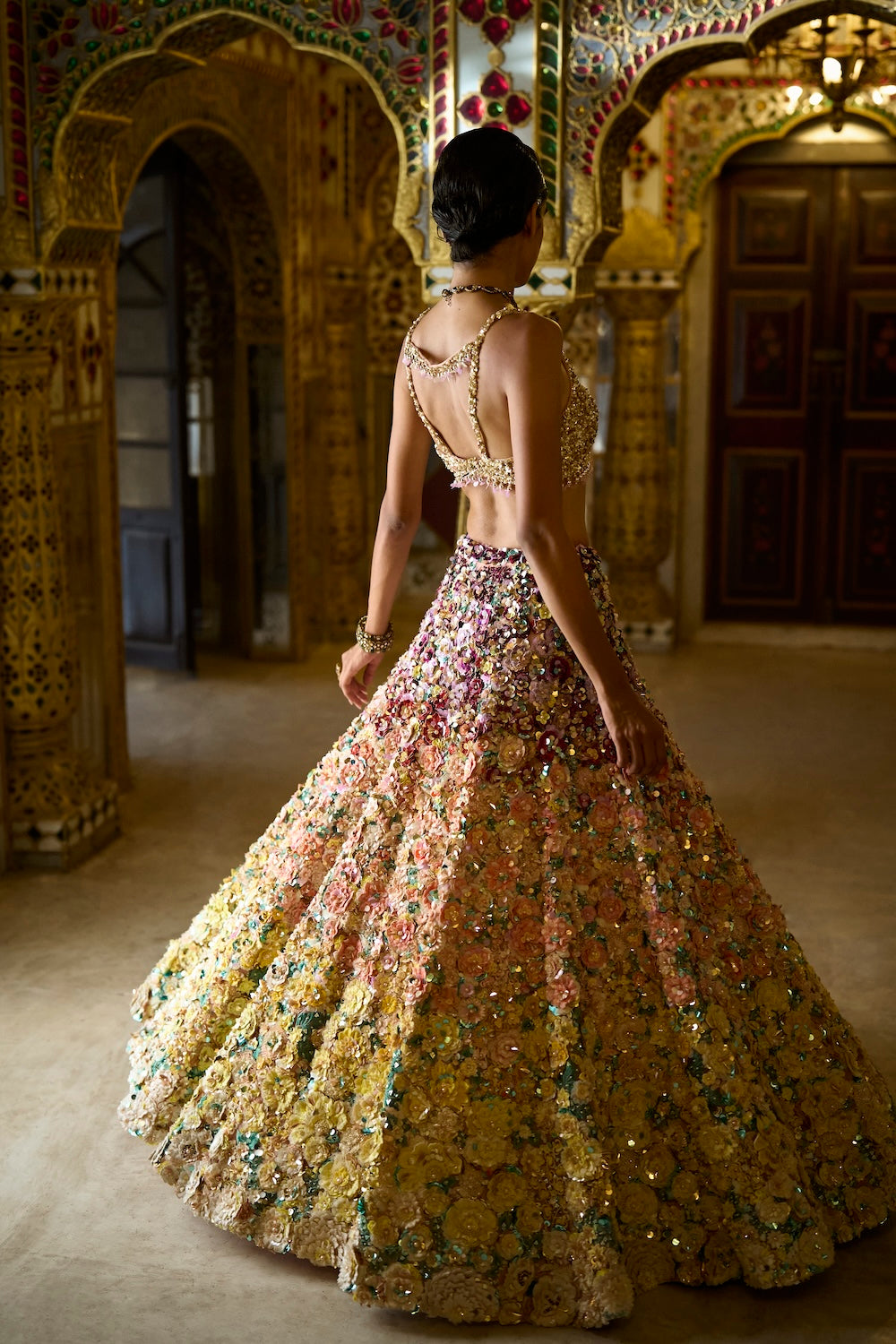 Seema Gujral - Ombre Multi-Coloured Three-Dimensional Floral Lehenga Set