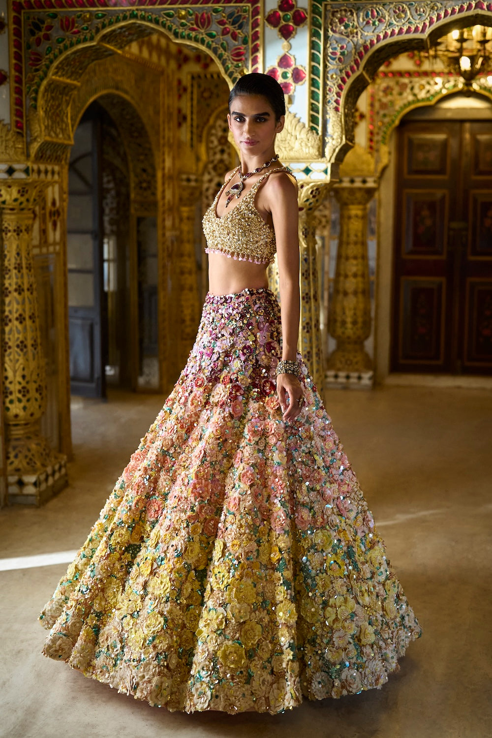Seema Gujral - Ombre Multi-Coloured Three-Dimensional Floral Lehenga Set