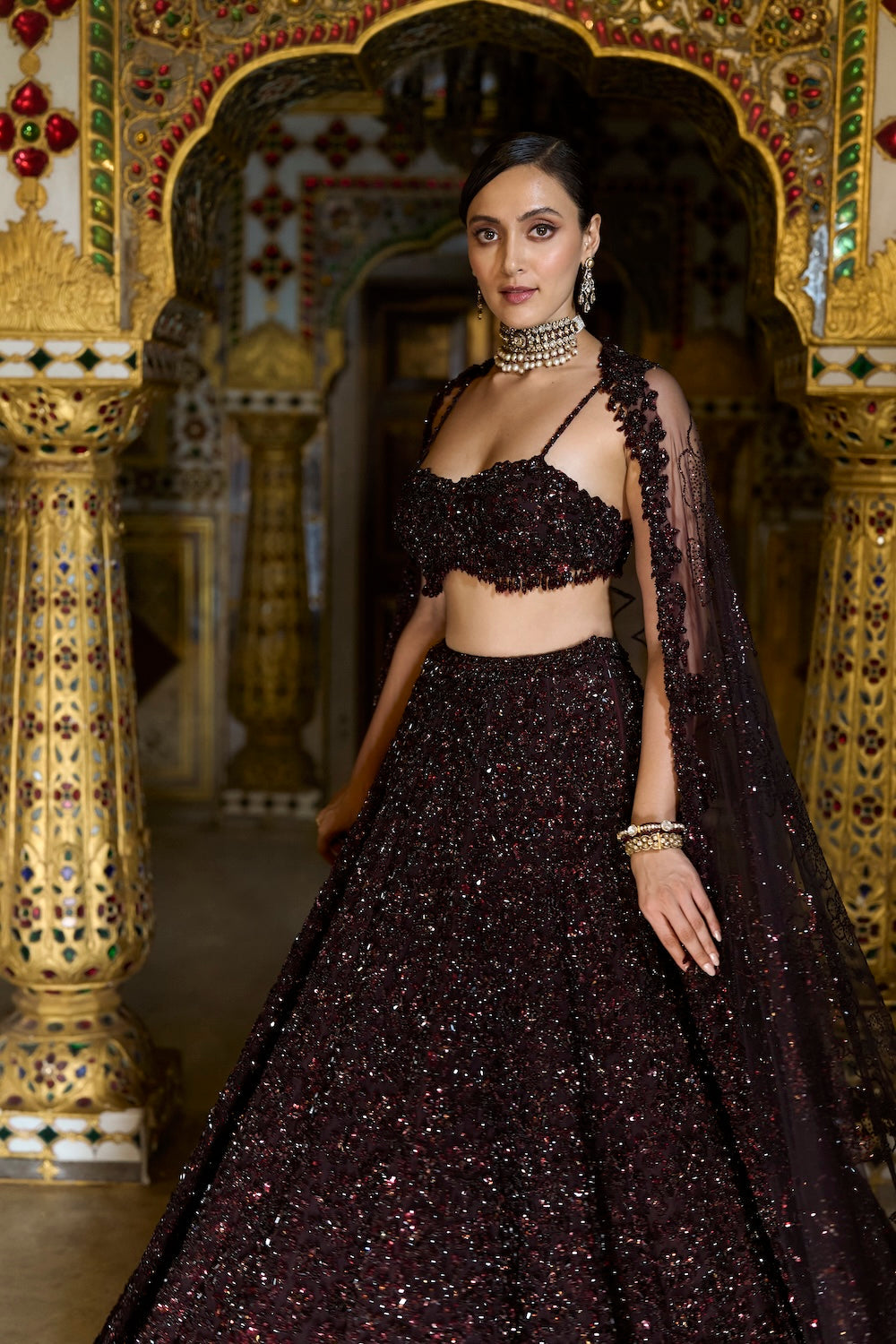 Seema Gujral - Wine Sequin Lehenga Set