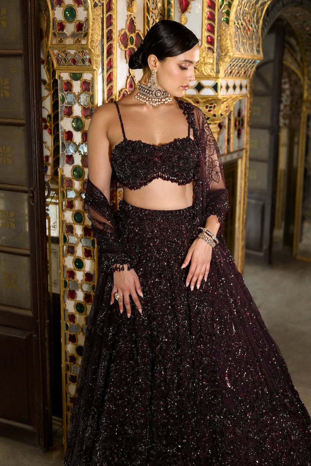 Seema Gujral - Wine Sequin Lehenga Set