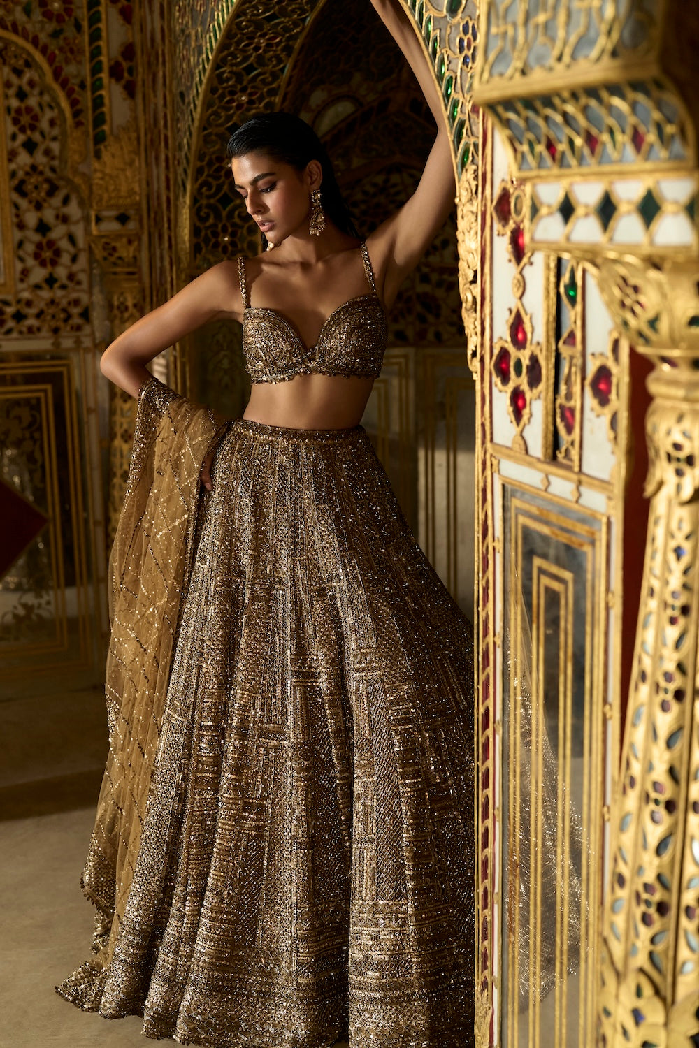 Seema Gujral - Antique Gold Sequin Lehenga Set