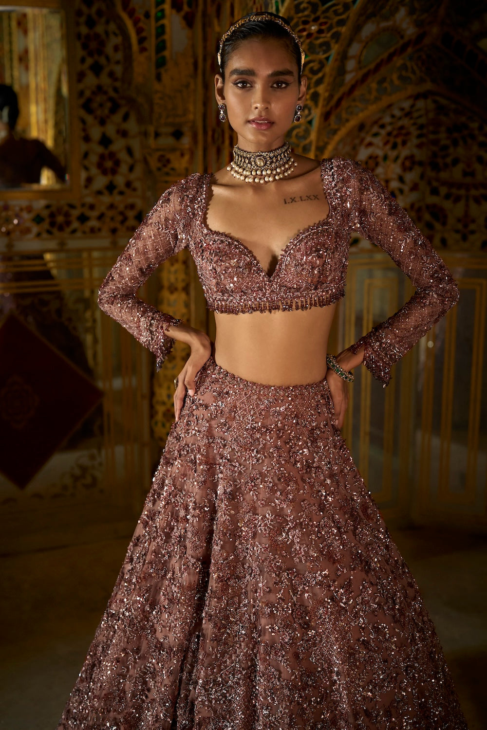 Seema Gujral - Plum Crystal Lehenga Set