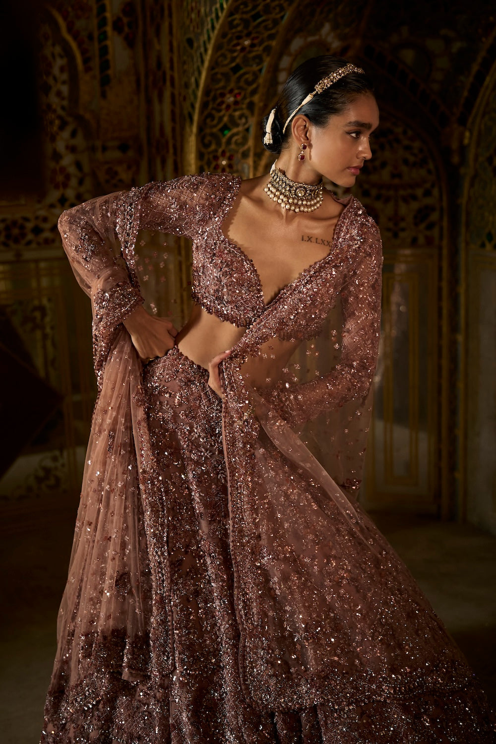 Seema Gujral - Plum Crystal Lehenga Set