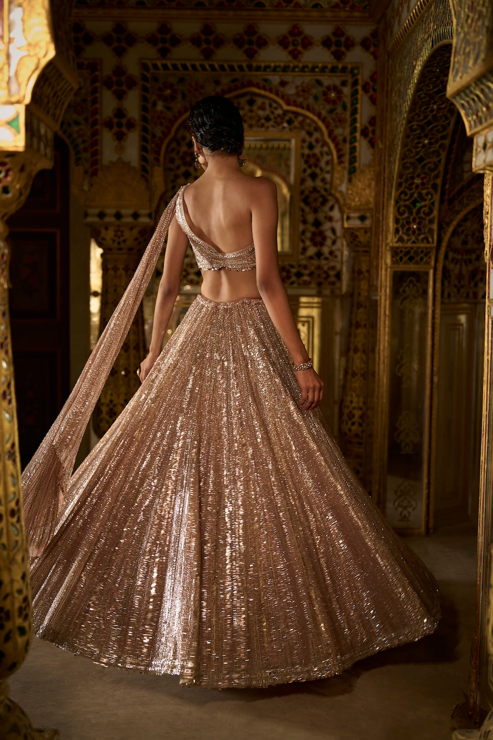 Seema Gujral - Rose Gold Sequin Lehenga Set
