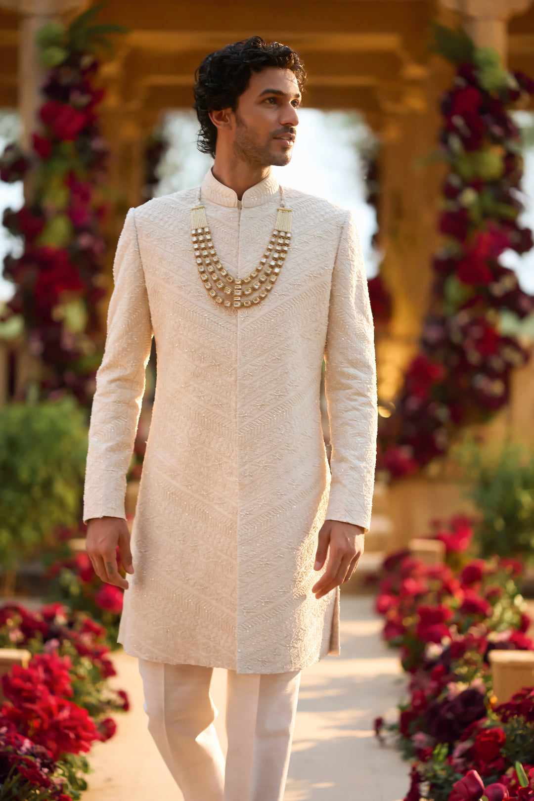 Seema Gujral - Cream Pearl Sherwani Set