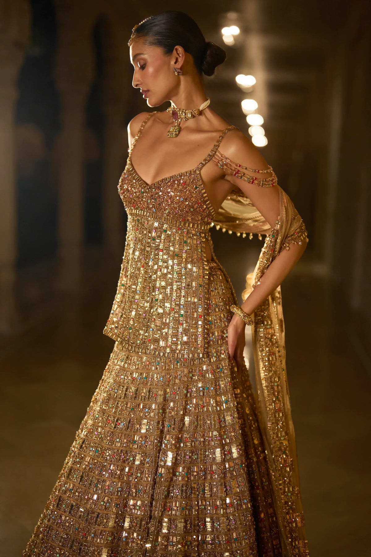 Seema Gujral - Antique Gold Multi-Coloured Stone Lehenga Set