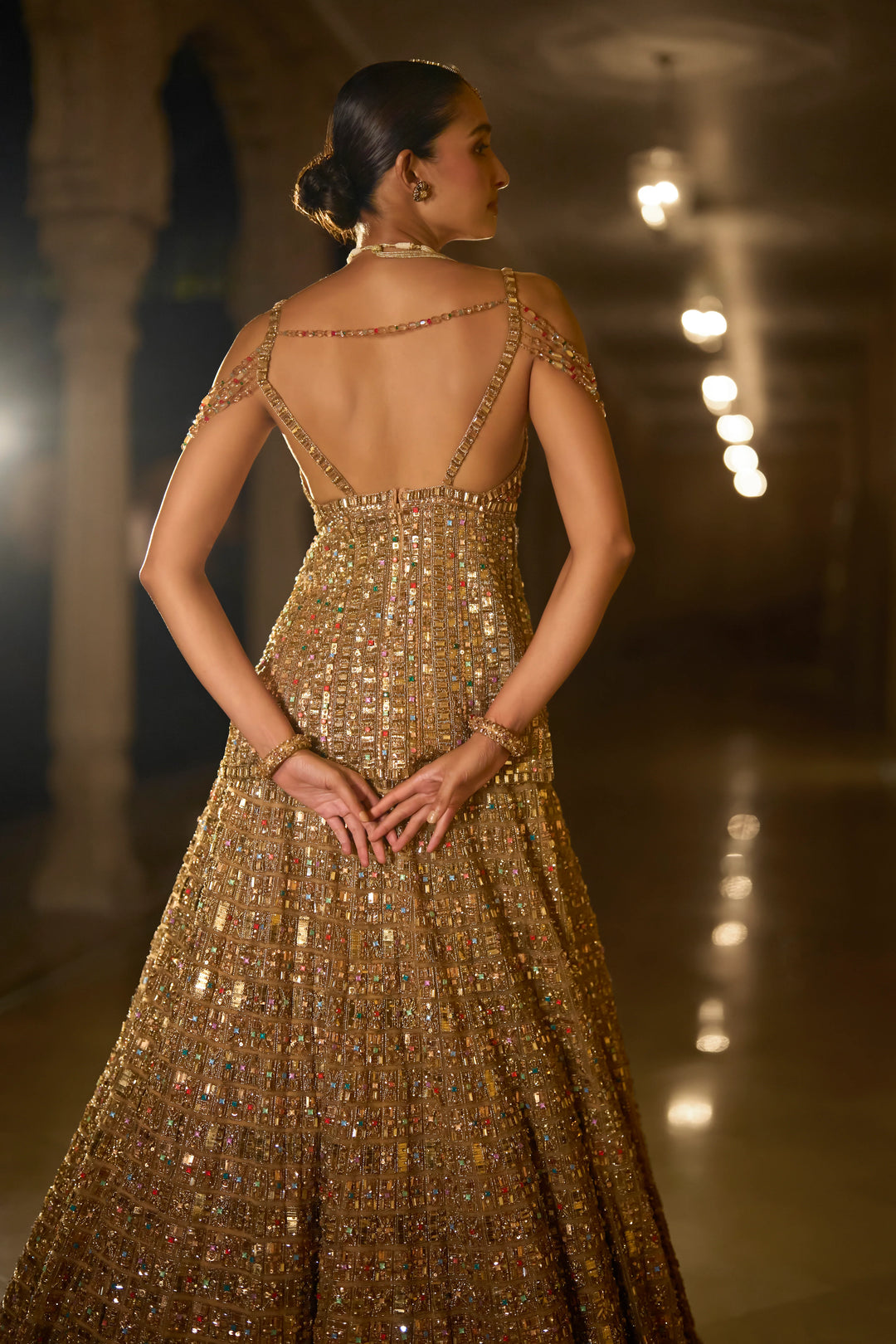 Seema Gujral - Antique Gold Multi-Coloured Stone Lehenga Set