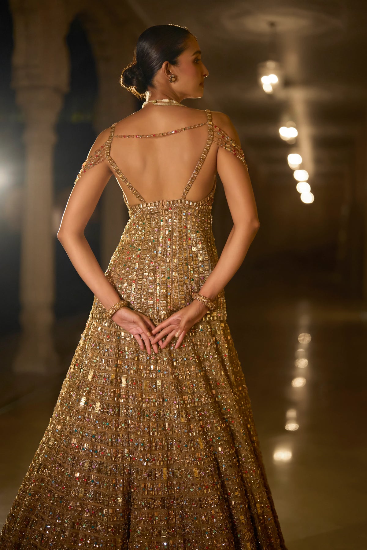 Seema Gujral - Antique Gold Multi-Coloured Stone Lehenga Set