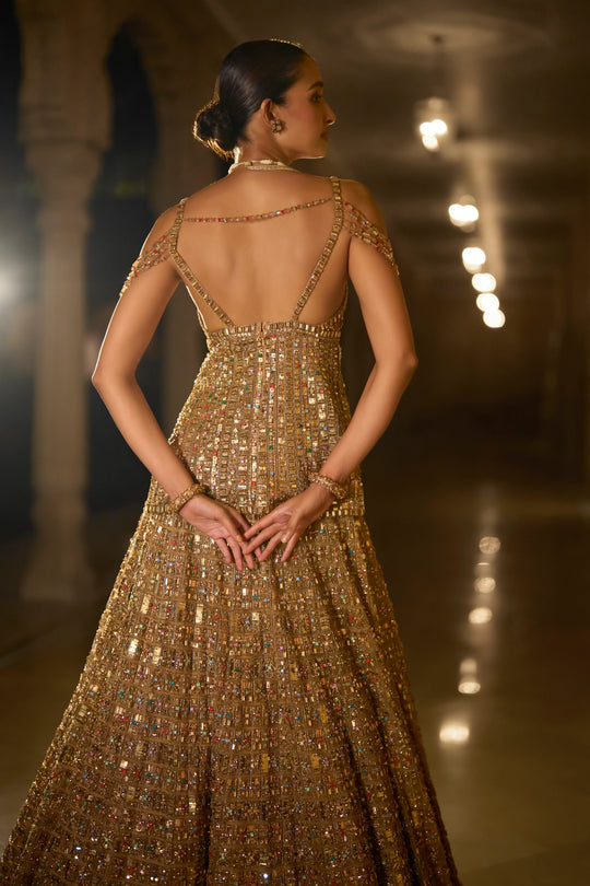 Seema Gujral - Antique Gold Multi-Coloured Stone Lehenga Set