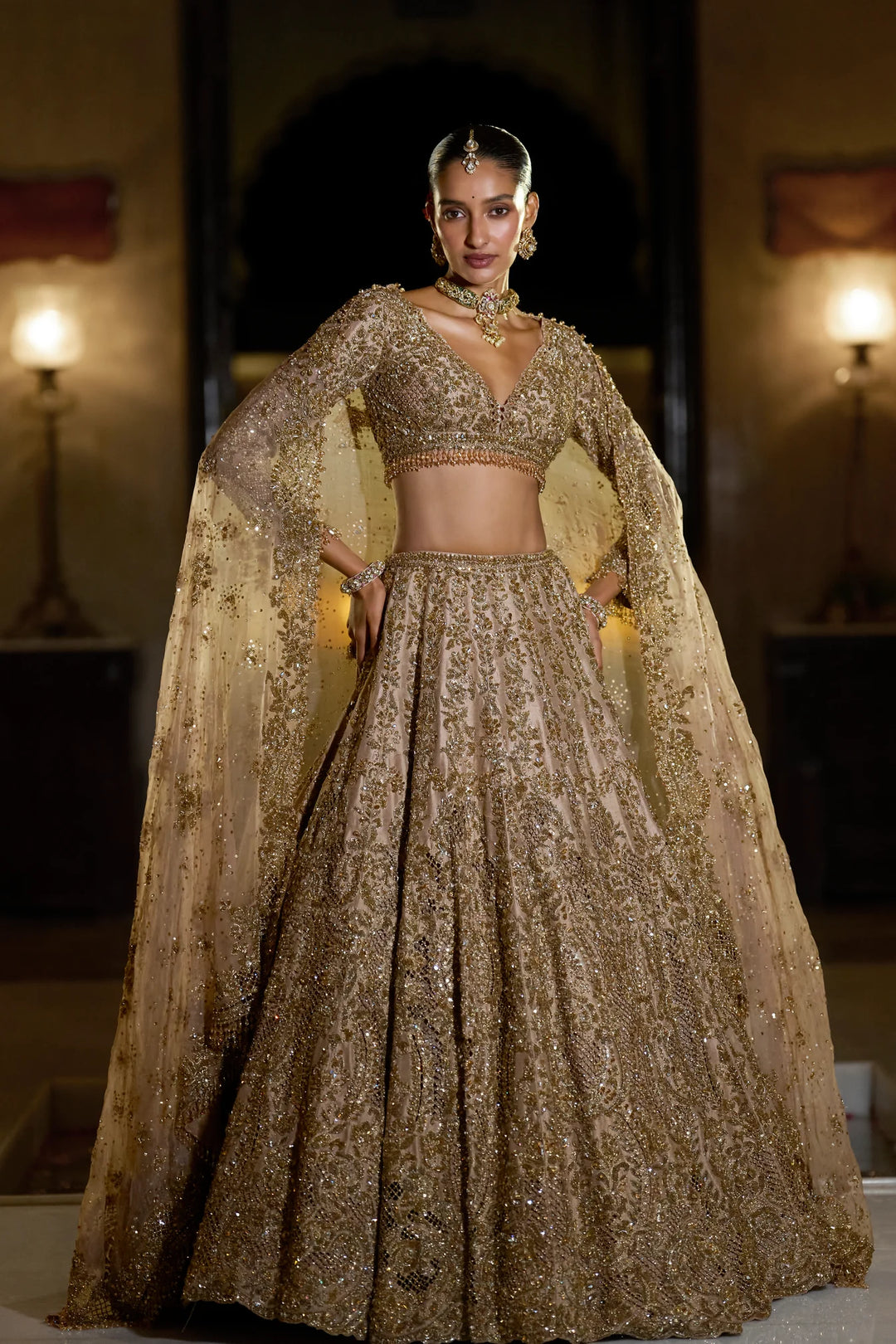 Seema Gujral - Nude Antique Gold Lehenga Set