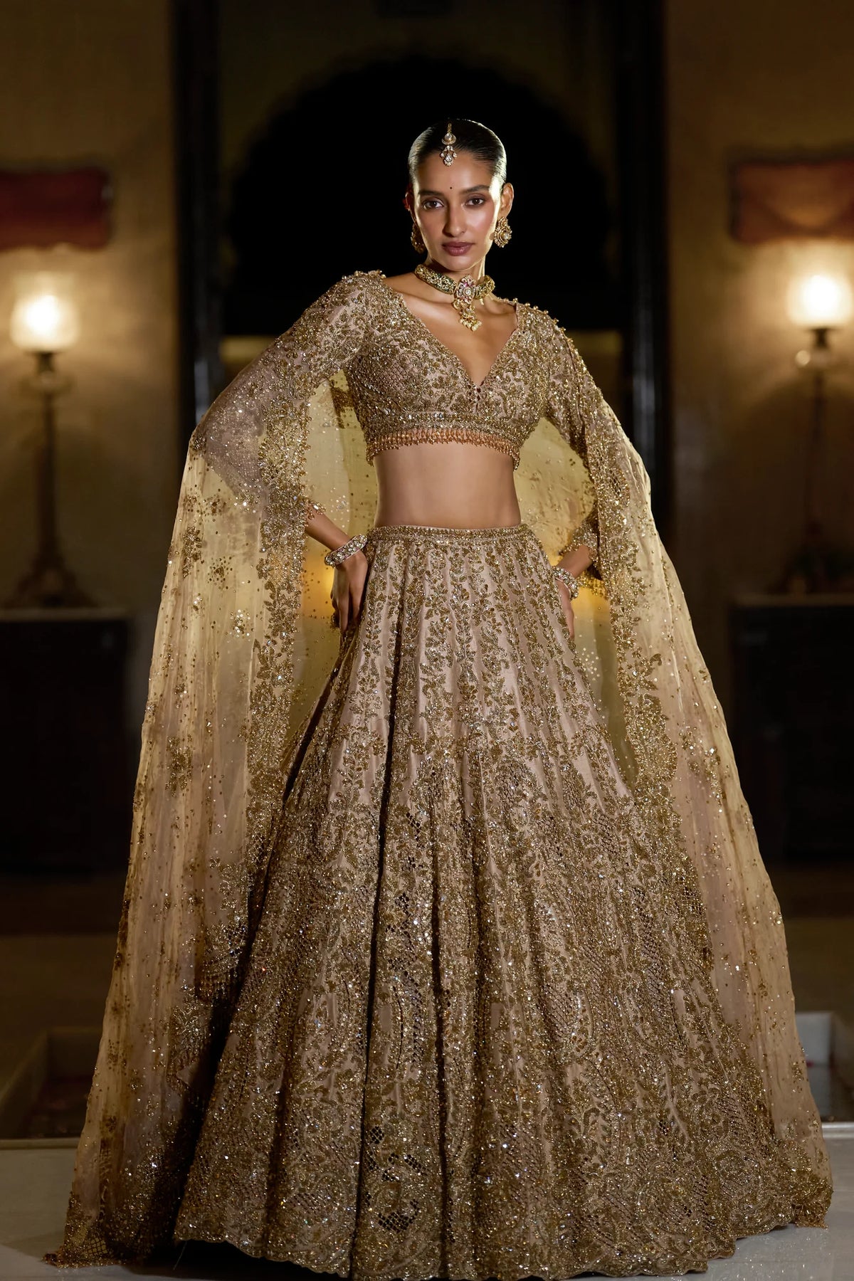 Seema Gujral - Nude Antique Gold Lehenga Set
