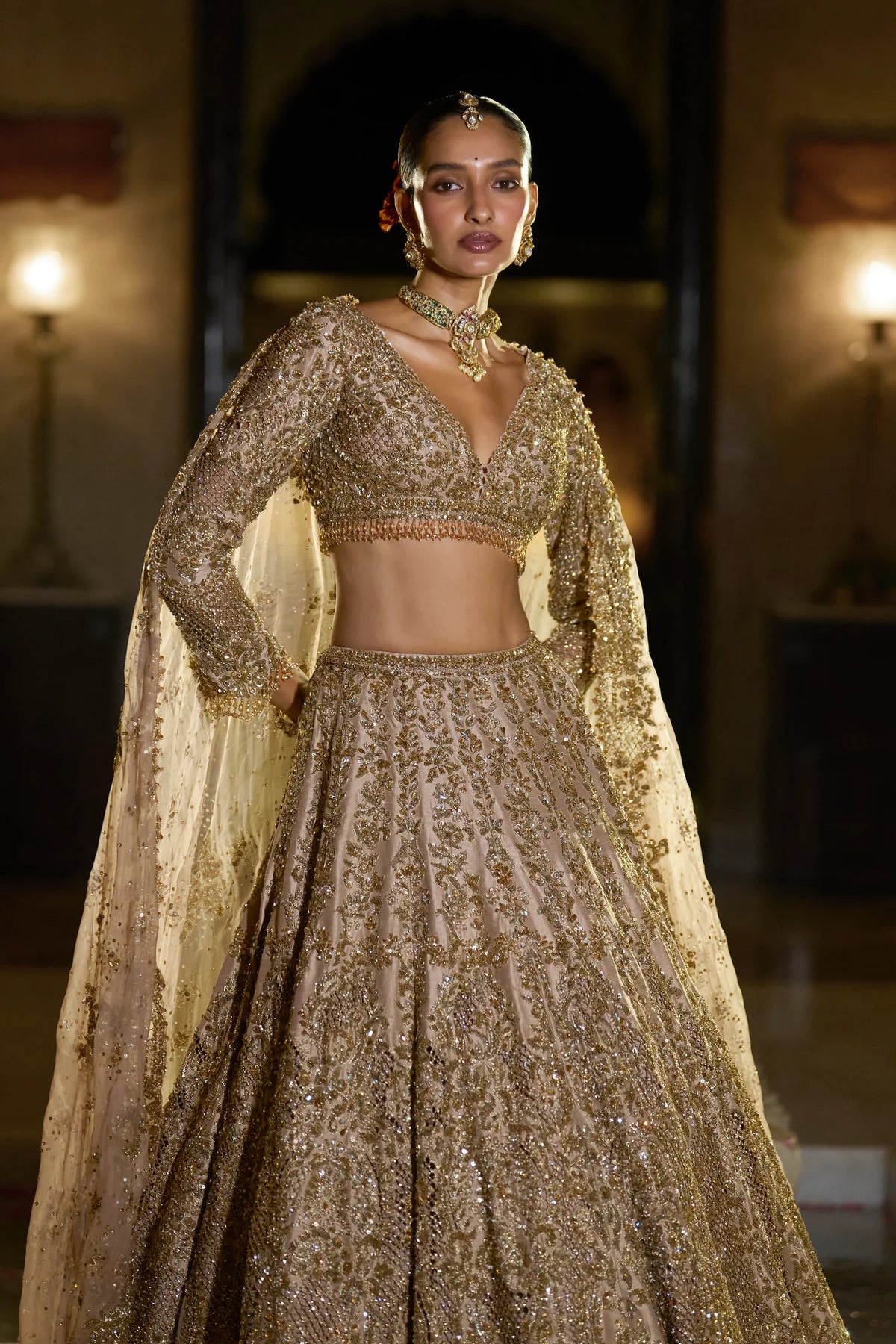 Seema Gujral - Nude Antique Gold Lehenga Set