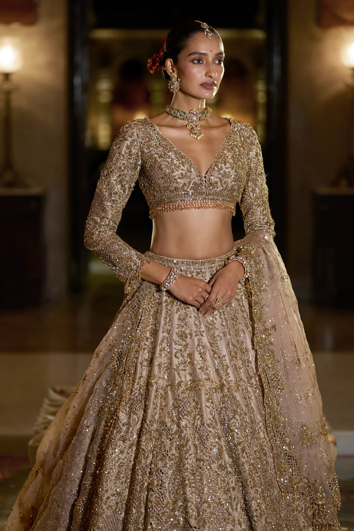 Seema Gujral - Nude Antique Gold Lehenga Set