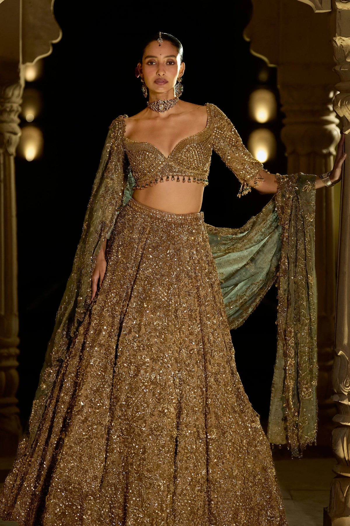 Seema Gujral - Antique Gold Sequin Lehenga Set