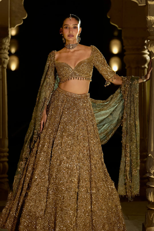 Seema Gujral - Antique Gold Sequin Lehenga Set