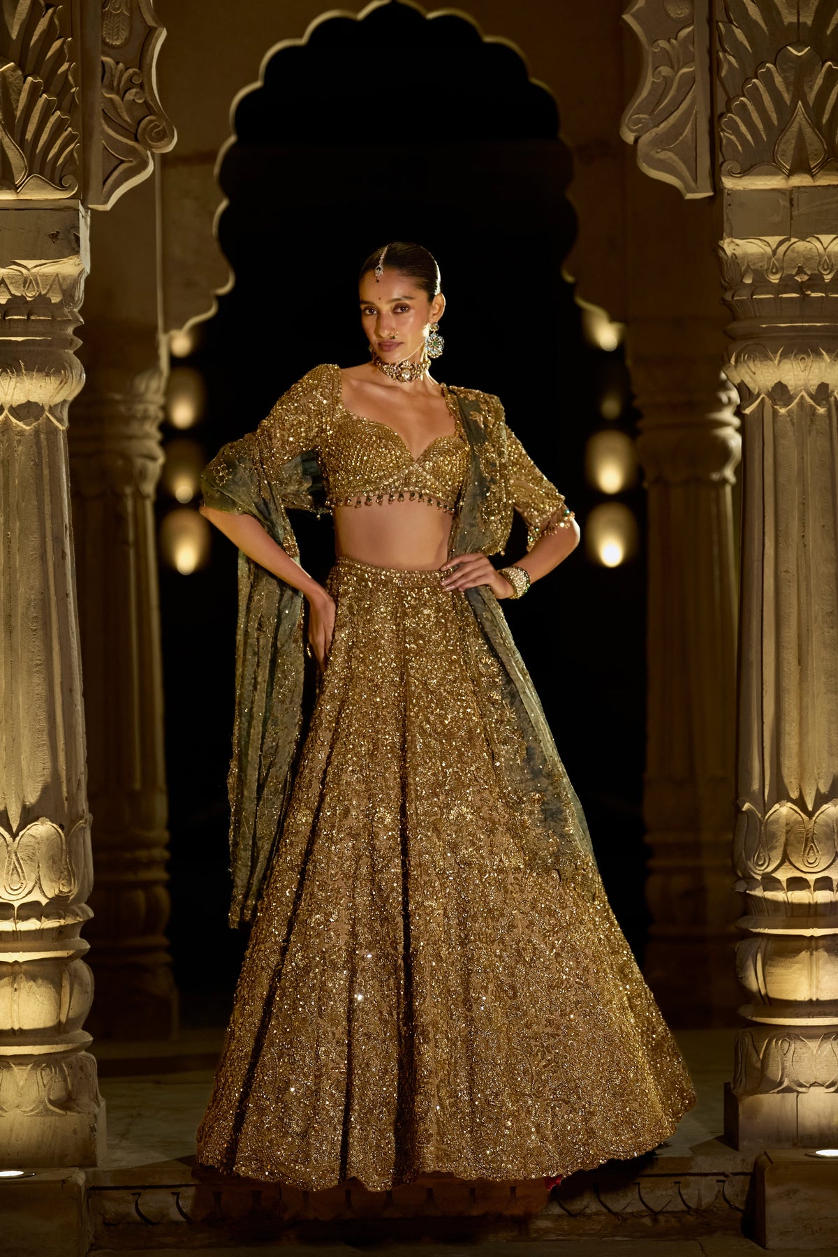 Seema Gujral - Antique Gold Sequin Lehenga Set
