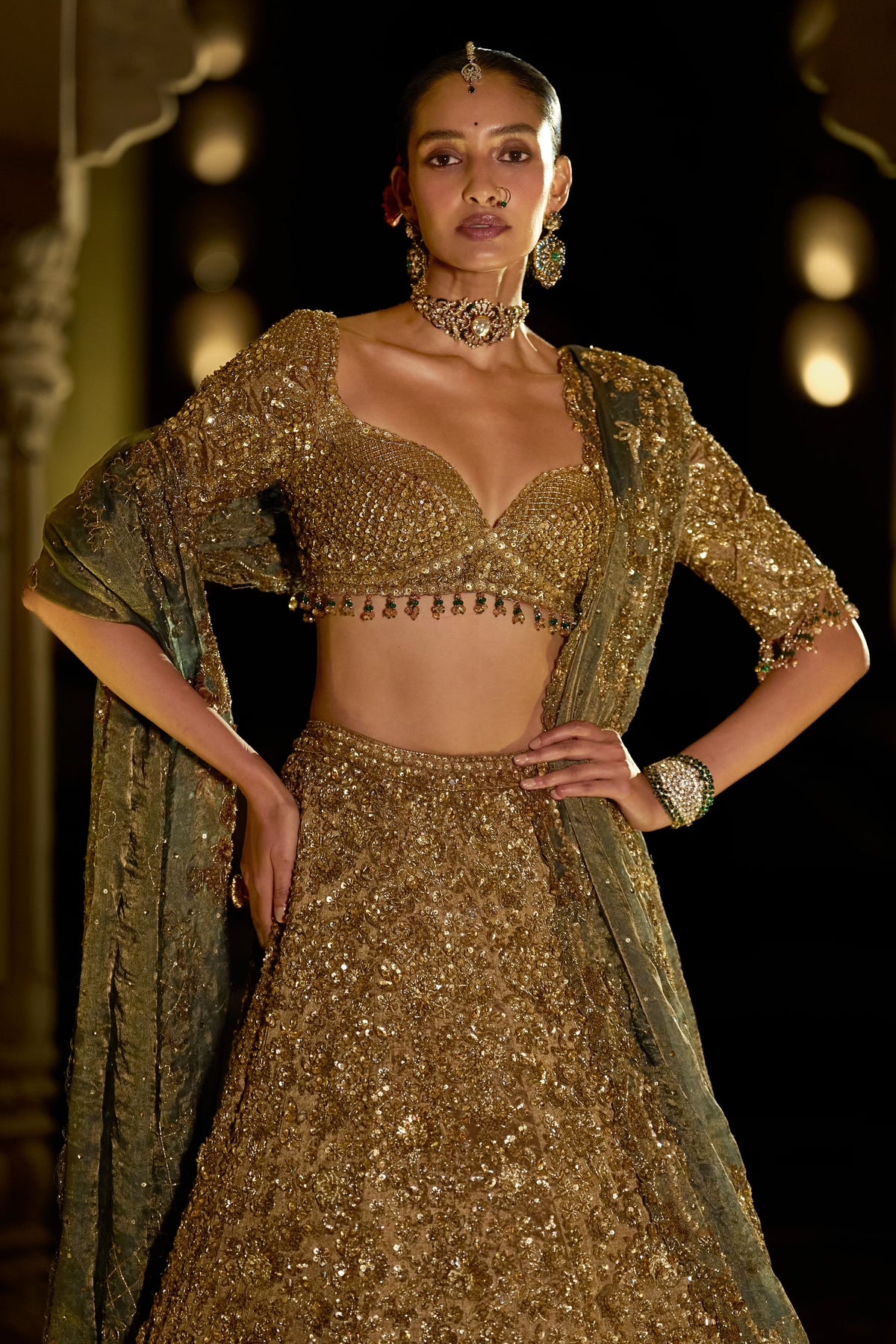 Seema Gujral - Antique Gold Sequin Lehenga Set