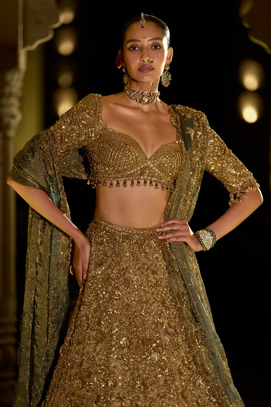 Seema Gujral - Antique Gold Sequin Lehenga Set