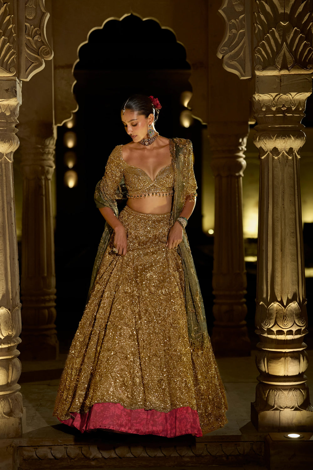 Seema Gujral - Antique Gold Sequin Lehenga Set
