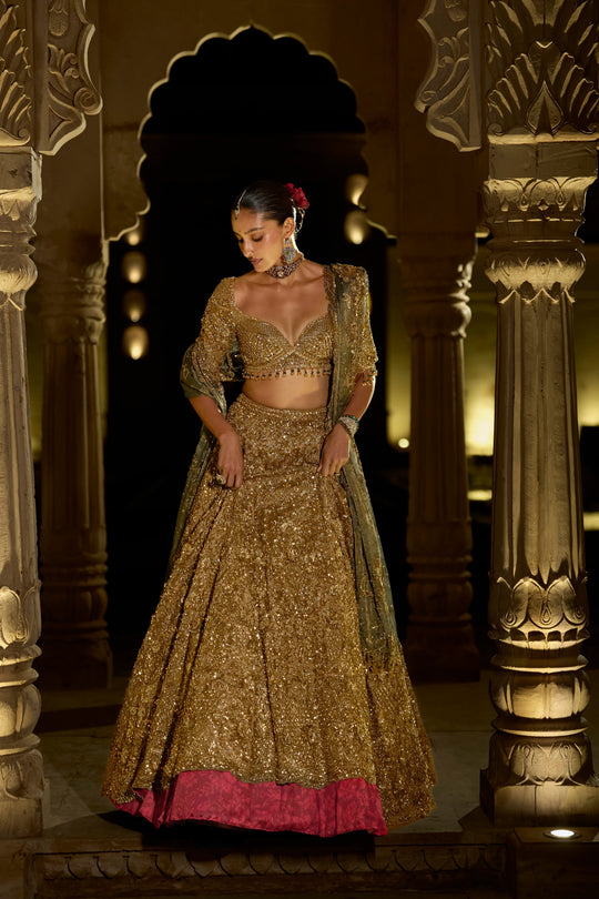 Seema Gujral - Antique Gold Sequin Lehenga Set