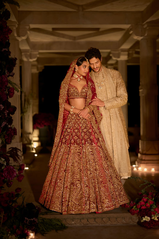 Seema Gujral - Maroon Zardosi Lehenga Set