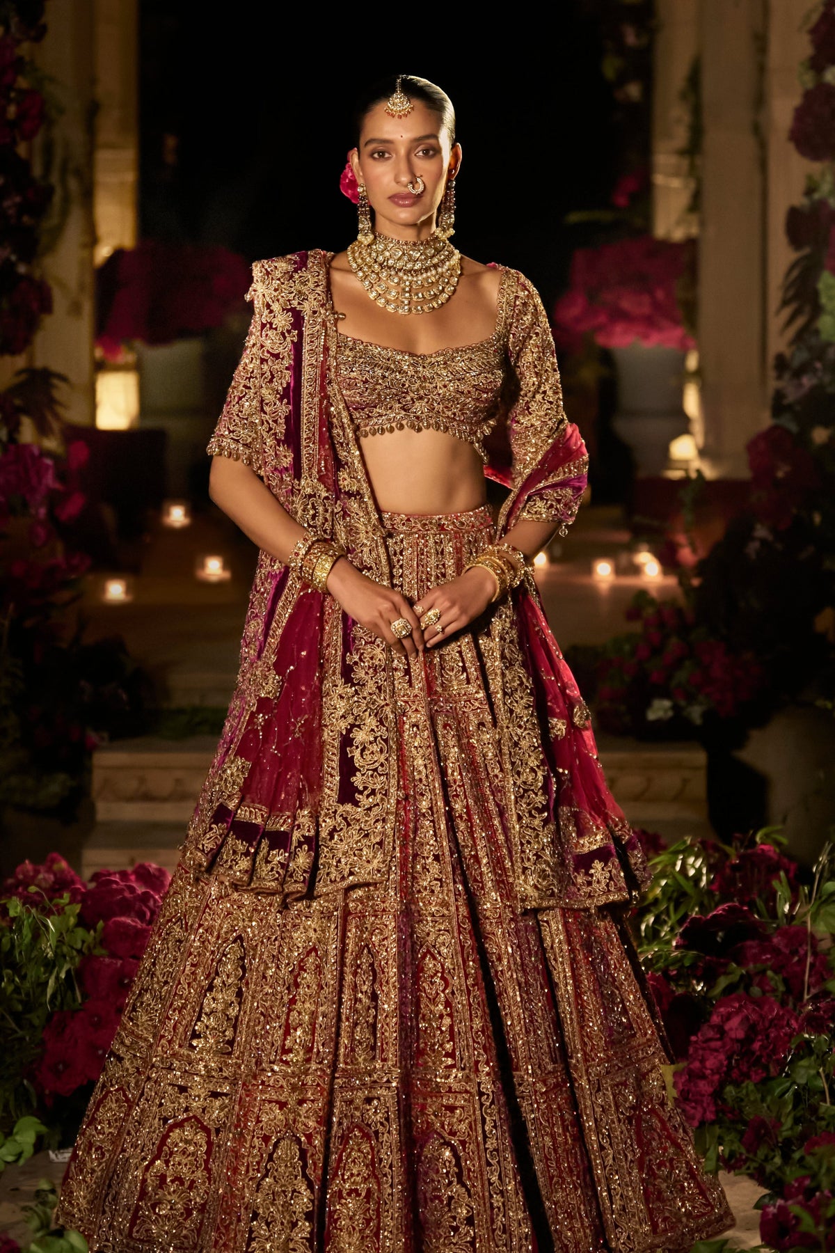 Seema Gujral - Plum &amp; Maroon Zardosi Lehenga Set