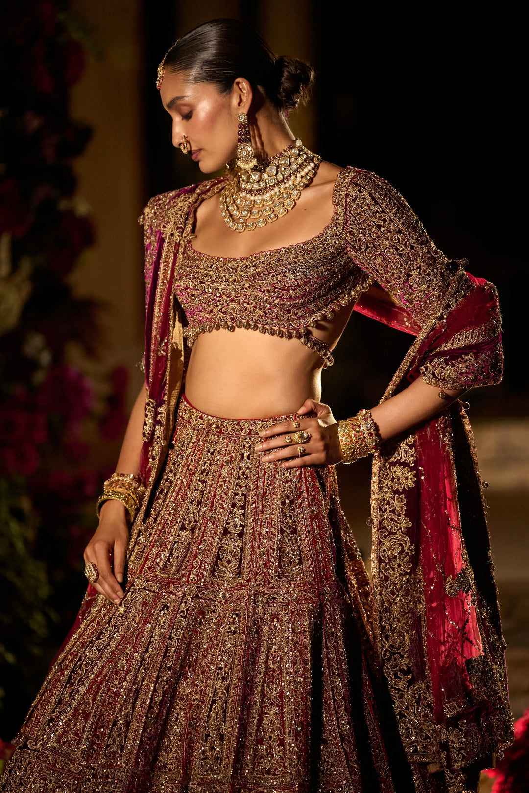 Seema Gujral - Plum &amp; Maroon Zardosi Lehenga Set