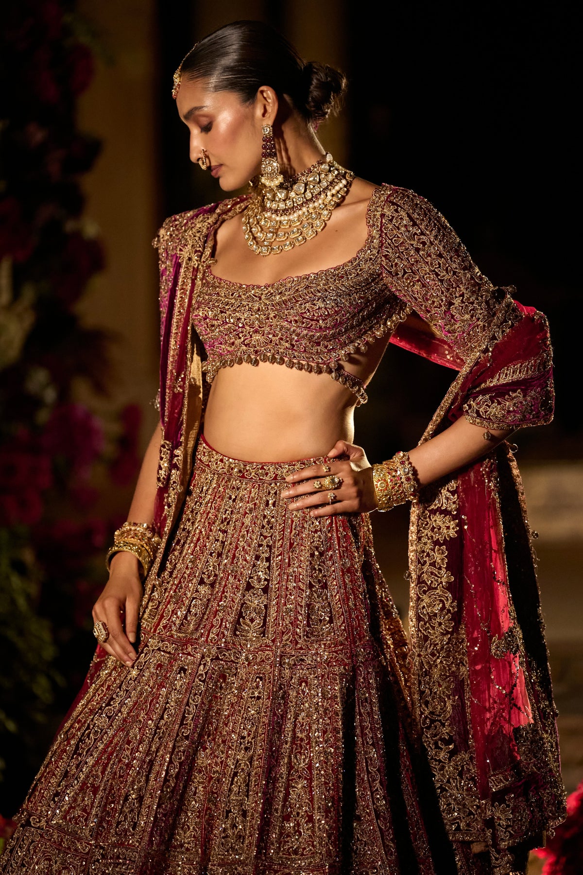 Seema Gujral - Plum &amp; Maroon Zardosi Lehenga Set