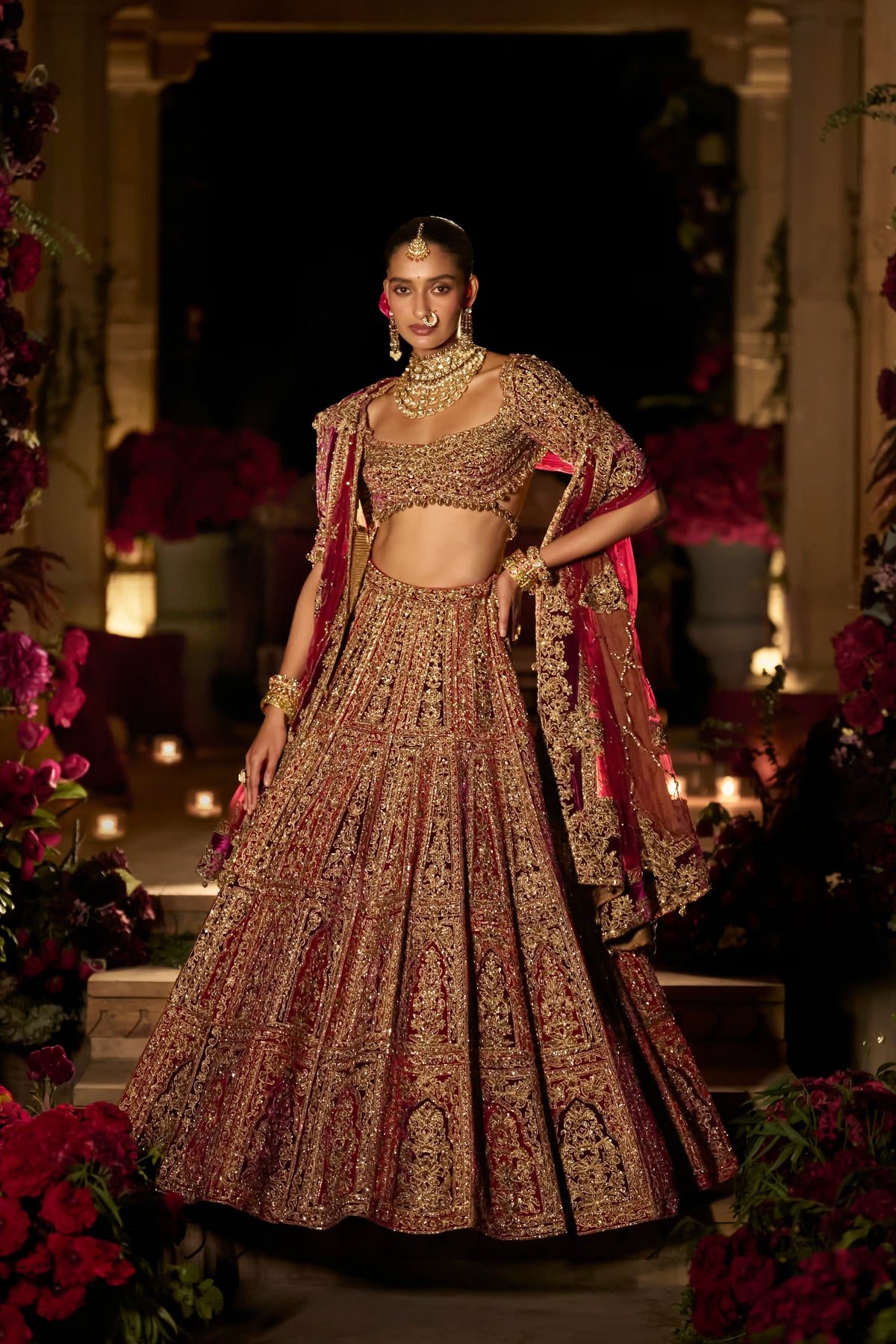 Seema Gujral - Plum &amp; Maroon Zardosi Lehenga Set