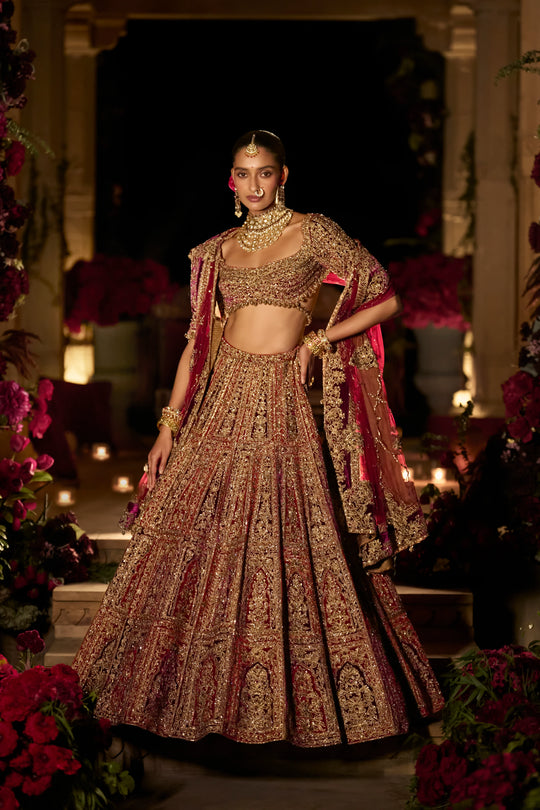Seema Gujral - Plum &amp; Maroon Zardosi Lehenga Set