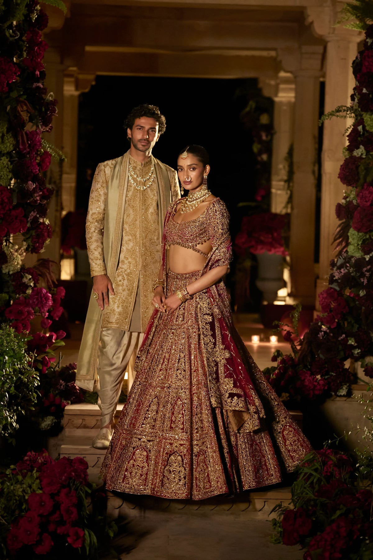 Seema Gujral - Plum &amp; Maroon Zardosi Lehenga Set
