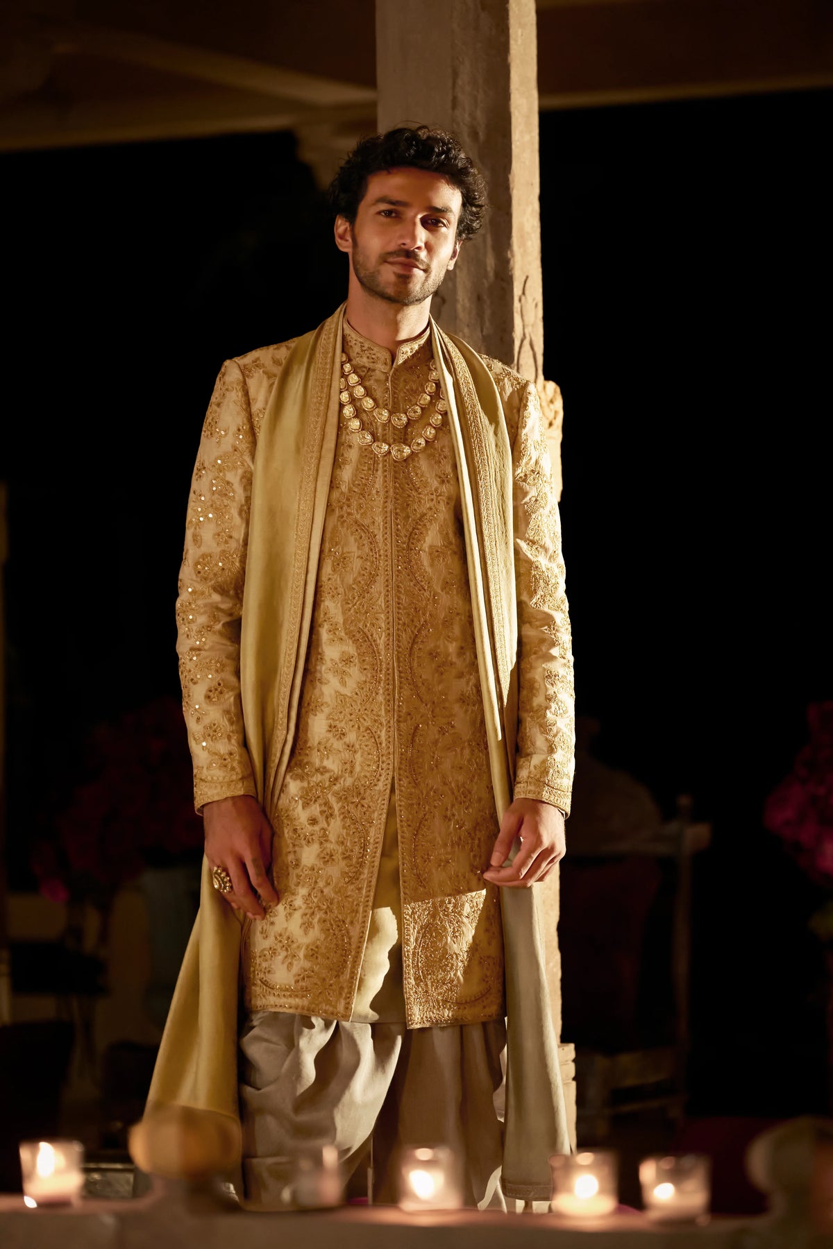 Seema Gujral - Slate Gold Sherwani Set