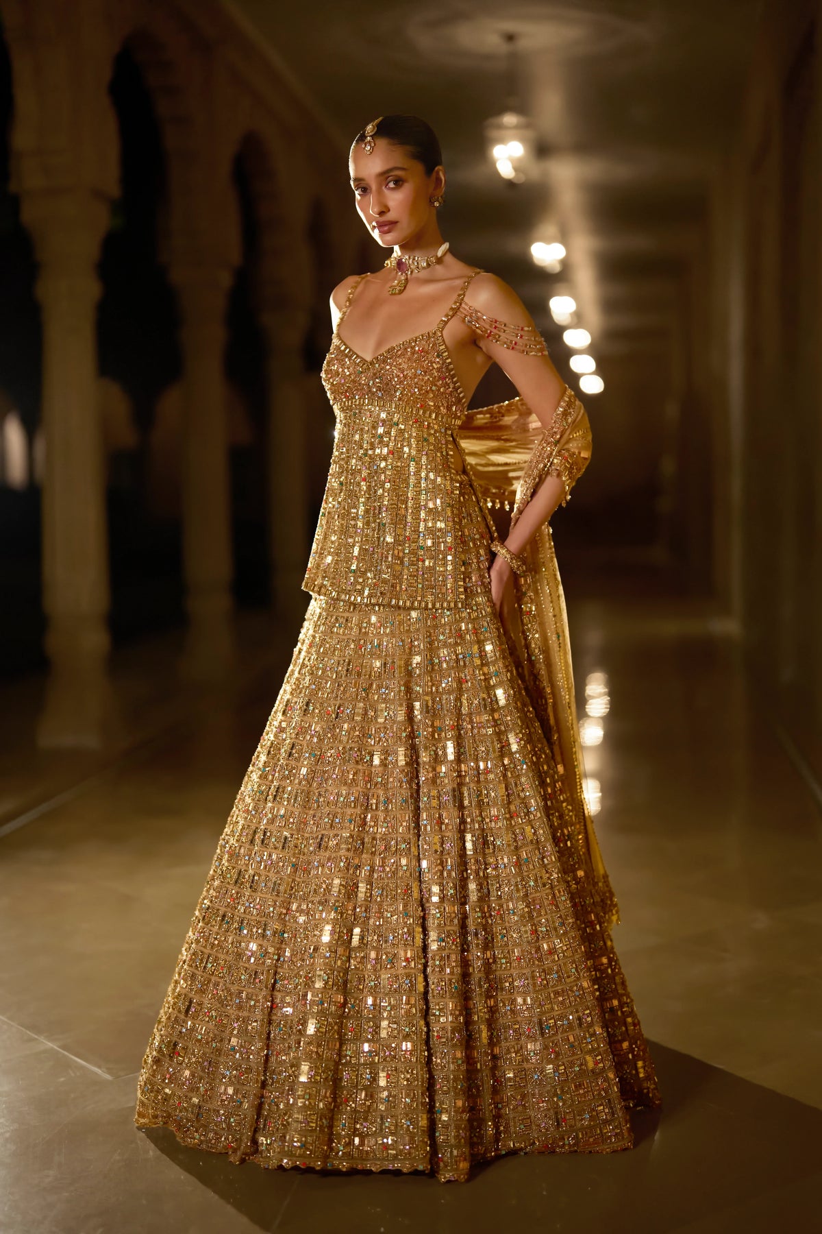 Seema Gujral - Antique Gold Multi-Coloured Stone Lehenga Set