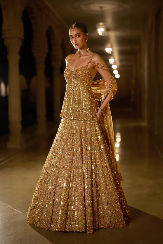 Seema Gujral - Antique Gold Multi-Coloured Stone Lehenga Set