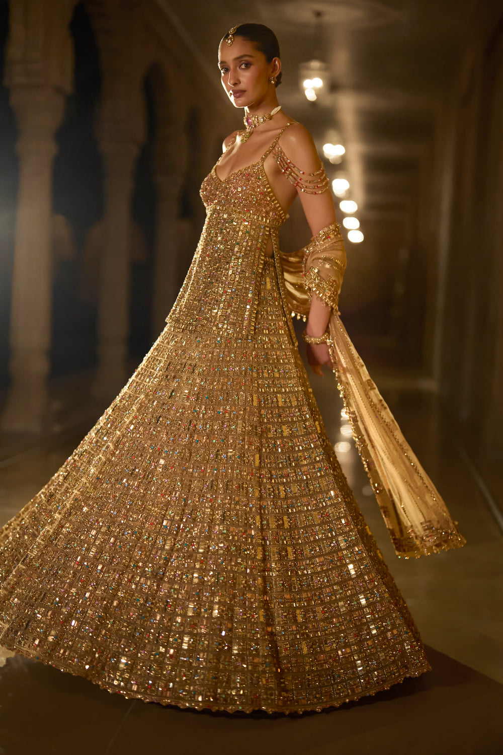 Seema Gujral - Antique Gold Multi-Coloured Stone Lehenga Set