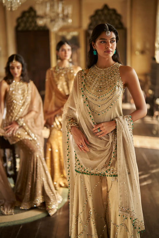 Seema Gujral - Champagne Emerald Crystal Sharara Set