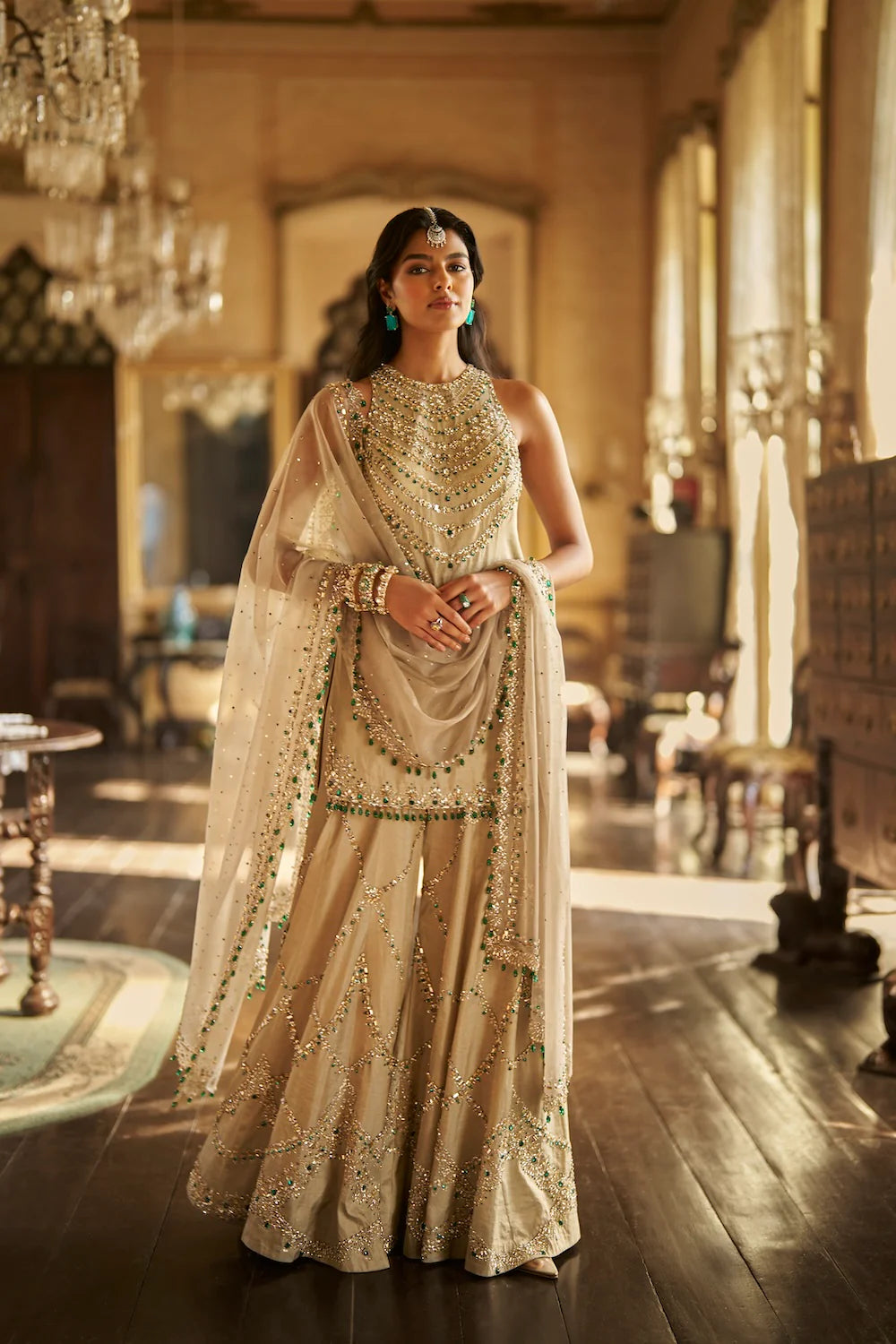 Seema Gujral - Champagne Emerald Crystal Sharara Set