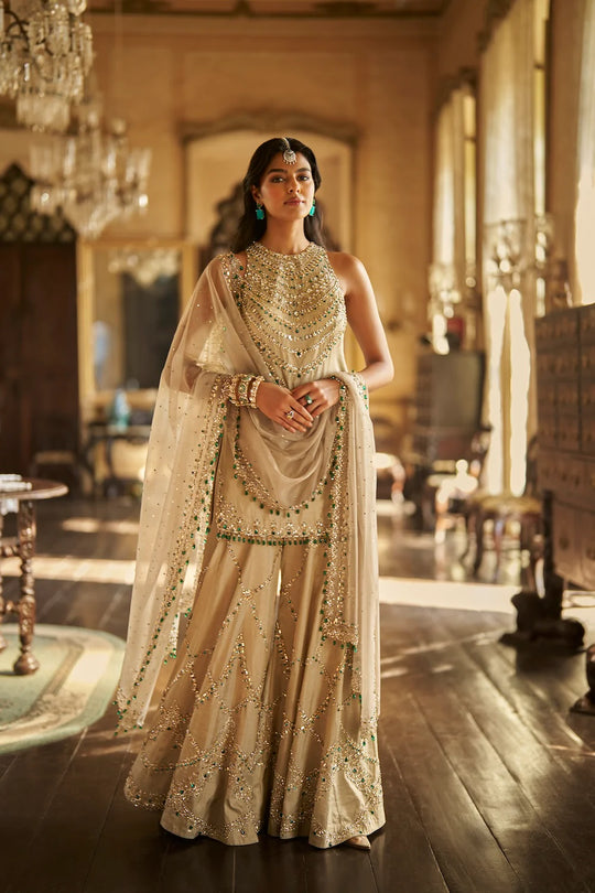 Seema Gujral - Champagne Emerald Crystal Sharara Set