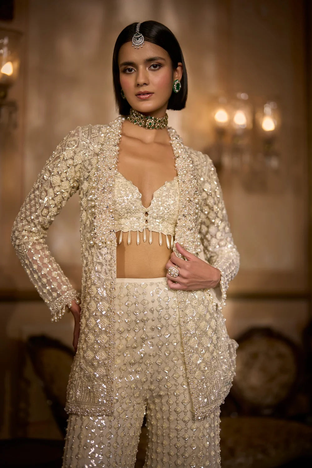 Seema Gujral - Cream Open Jacket Sharara - Pant Set