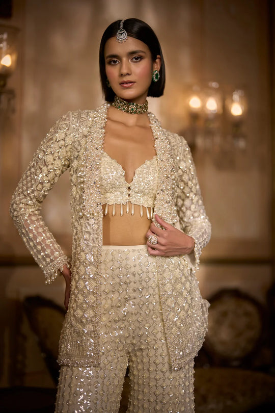Seema Gujral - Cream Open Jacket Sharara - Pant Set
